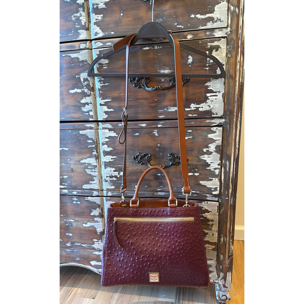 Dooney & Bourke Ostrich Embossed Leather Satchel Burgundy Crossbody Bag Large